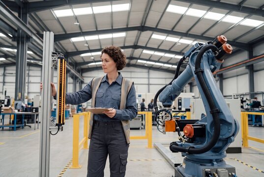Female Quality Control Engineer Inspecting Industrial Robotic Arm and Safety Sensor in Modern Factory