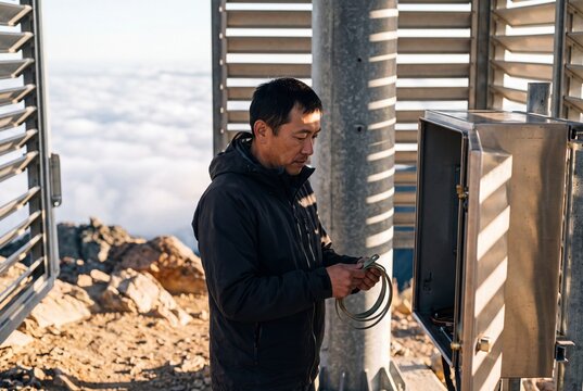 Asian male technician inspecting electrical equipment at a high-altitude mountain weather station above clouds