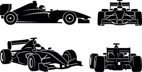 Fototapeta premium Set of black silhouettes of formula 1 racing cars from different angles