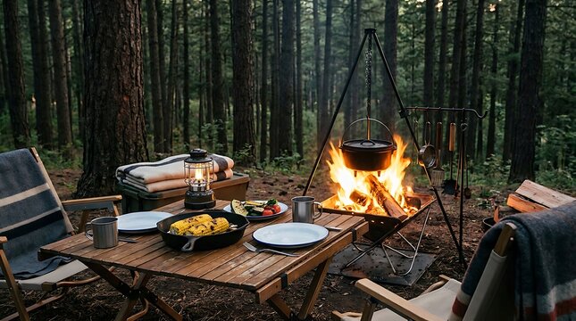 A warm outdoor dinner setup with a cast iron pot over a crackling campfire in a dark pine forest. campfire dinner setup