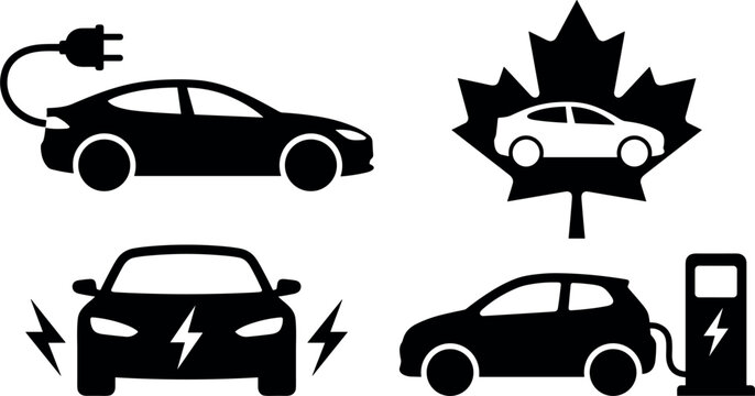 Set of electric vehicle icons including charging cable and canadian maple leaf car symbol