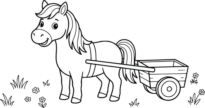 Cartoon horse pulling a wooden cart coloring page, cute pony with farm wagon line art, black and white animal illustration for kids