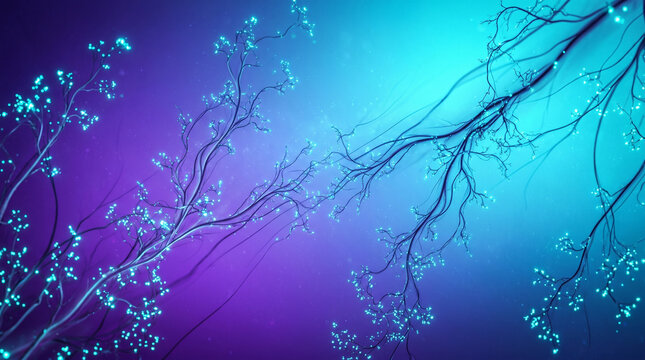 Abstract tree branches with glowing blue and purple lights