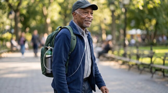 Elderly Black Man Walking in Park with Portable Oxygen Cylinder and Nasal Cannula