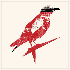 Obraz premium Distressed red/black stenciled crow on a jagged lightning bolt. Heavy halftone textures and worn scratches mimic screen print/linocut. High contrast grime design with limited crimson palette for rugge