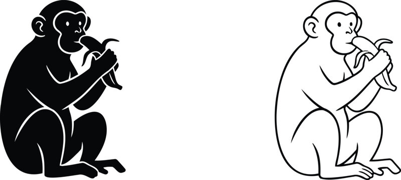 Monkey Illustration Eating Banana, Black and White Vector Design. Animal Cartoon Icon