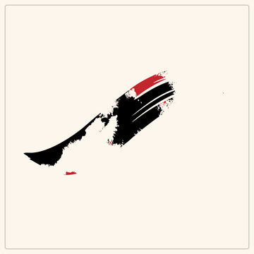Bold sumi e calligraphy stroke with deep black pigment and a red accent, simulating dry brush texture on a clean surface.