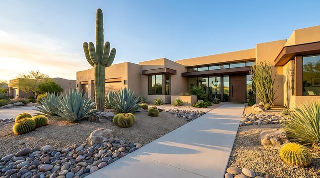 Modern luxury house with desert landscaping and tall saguaro cactus in a bright sunny arizona setting. arizona front yard