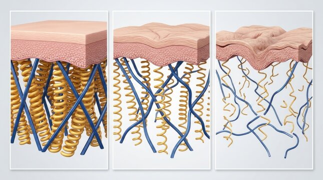 Skin aging timeline cross section demonstrating three stages with gradual collagen density decline, golden springs thin, break, blue elastin loses tension as epidermis wrinkles deepen.