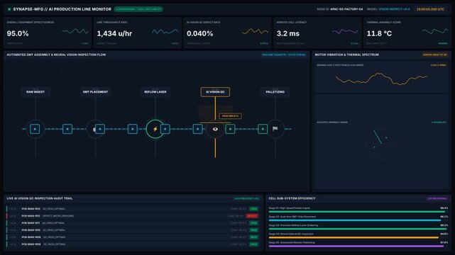 Advanced ai smart factory production line monitor interface for quality control analytics, for automated industrial manufacturing processes, machine learning vision systems, modern digital