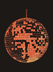 Obraz premium Large orange and black disco ball with a fragmented mirror tile grid, featuring high contrast blocky 70s aesthetic shading against a dark backdrop.