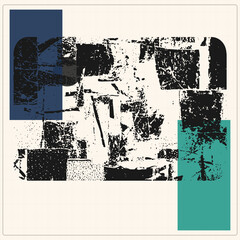 Obraz premium Heavy black stenciled lettering with a worn industrial texture. Bold navy and teal rectangles layer over distressed glyphs against a subtle graph paper background, emphasizing jagged edges of the weat
