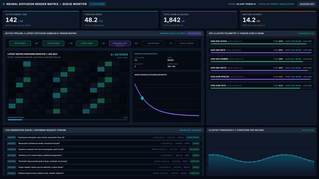 Advanced neural network dashboard with real-time data processing server cluster monitoring, for artificial intelligence, machine learning, cloud computing, big data analytics operations