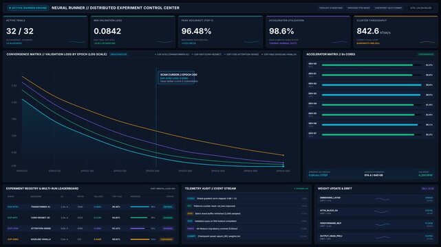 Advanced neural network training dashboard with real-time loss metrics, epoch progress, hardware utilization graphs, for artificial intelligence development, machine learning optimization