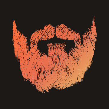 Stylized sketch of a rugged beard and mustache with negative space sunglasses. Orange hatch marks mimic ink strokes on a dark background, evoking folk art, hipster culture, and vintage barbershop aest
