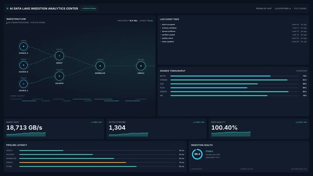 Ai data lake ingestion analytics center dashboard for streaming data flow performance metrics