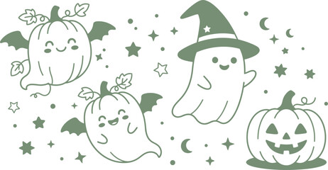 Fototapeta premium Spooky Halloween scene with ghosts, pumpkin, and castle in dark silhouette