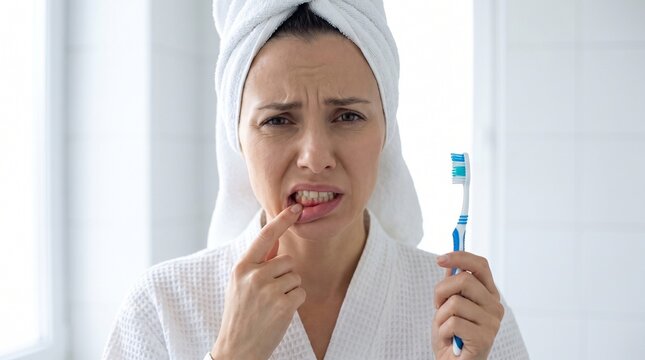 Woman Expressing Toothache Pain Holding Toothbrush in Bathroom for Dental Care and Oral Hygiene Articles