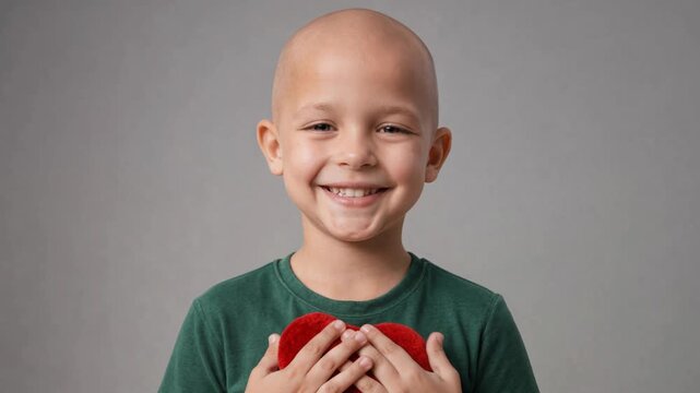 Smiling bald boy holding a red heart on a gray background. Child after chemotherapy with a plush heart in a studio. Childhood cancer awareness, hope and charity