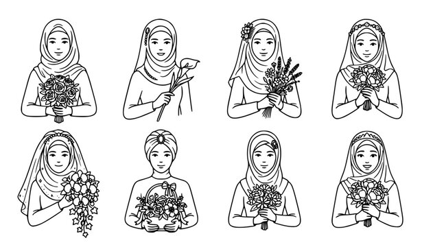 Hijab bride icons holding flowers black and white line art vector set
