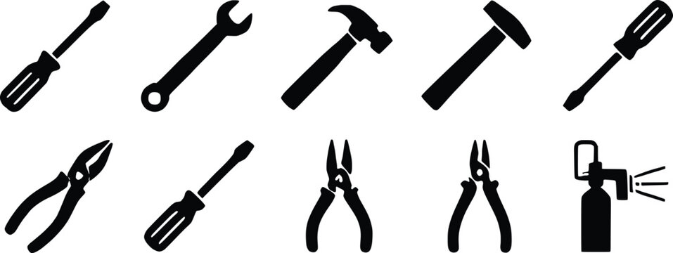 Industrial hand tool icons set, black silhouette hardware equipment collection, 10 professional construction and repair vector elements for DIY projects