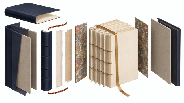 Exploded view of book construction showing materials