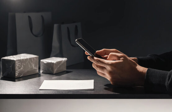 Hands Using Smartphone With Gifts And Shopping Bags In Background