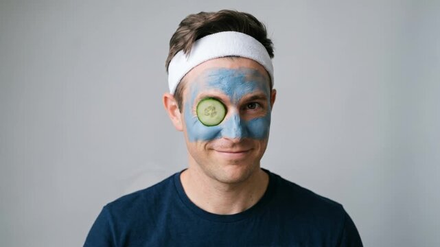 Man with a blue clay face mask holding cucumber slices on a gray background. Funny male skin care routine with a headband in a studio. Beauty treatment and self care for men