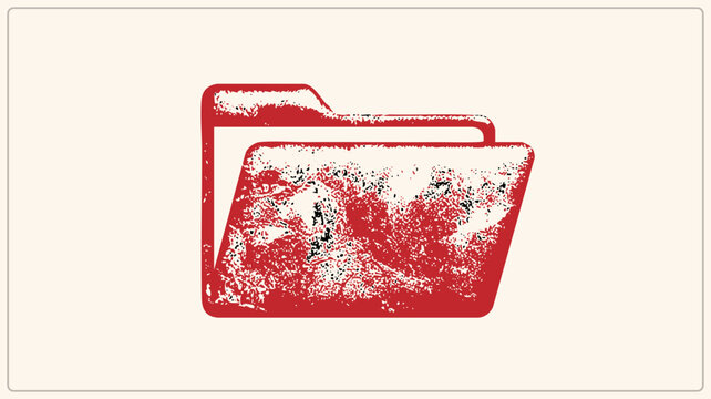 Stylized red folder with heavy grunge texture, mimicking a worn rubber stamp. Features rough edges and speckled noise, emphasizing a raw, industrial aesthetic for vintage branding.