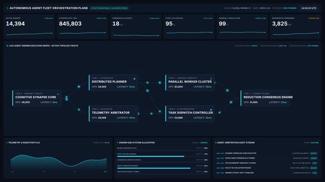 Autonomous agent fleet orchestration plane with real-time data, for advanced artificial intelligence, machine learning, system monitoring, global network operations