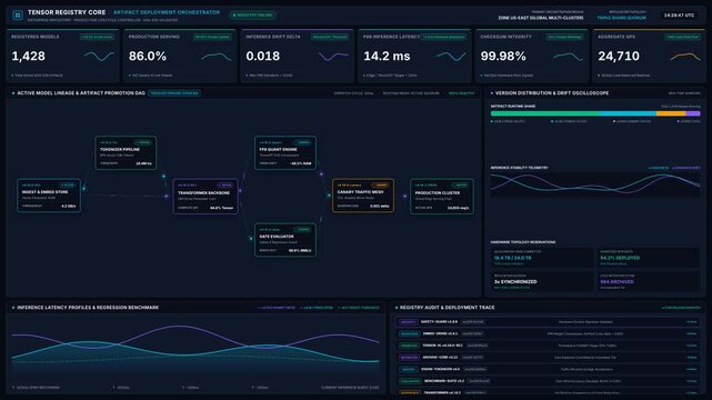 Dashboard for machine learning model deployment orchestration real time performance metrics, for artificial intelligence operations, system monitoring, automated cloud infrastructure