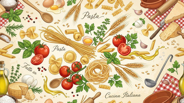 Pasta ingredients pattern with fresh tomatoes basil leaves and wheat stalks for culinary backgrounds.