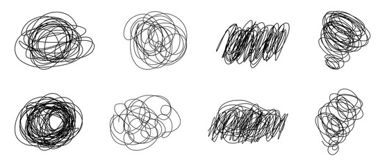 Collection of hand drawn tangled scribbles and chaotic thought symbols in different shapes and densities, representing confusion, mental clutter, brainstorming, stress, and complex thinking. © Riza 