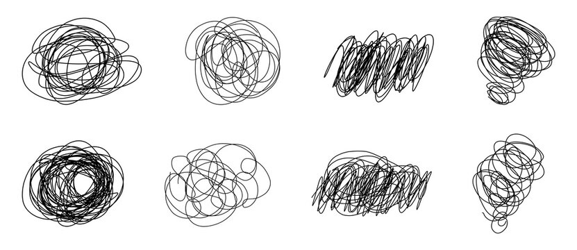 Collection of hand drawn tangled scribbles and chaotic thought symbols in different shapes and densities, representing confusion, mental clutter, brainstorming, stress, and complex thinking.