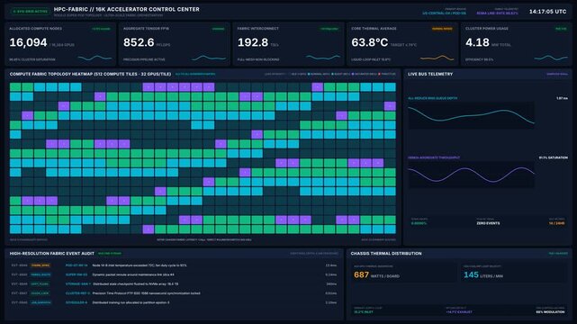 Futuristic hpc accelerator control center dashboard with real time metrics heatmaps, for advanced artificial intelligence computing, data center operations, modern technology processing