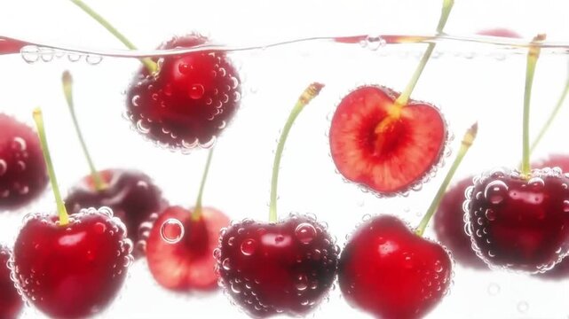 Fresh Fruits Splashing and Floating in Clear Carbonated Water
