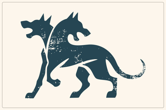 Ancient block print of Cerberus, the three headed hound, in deep teal on cream. Features distressed stamp texture, jagged edges, and negative space detailing in a stylized glyph design.