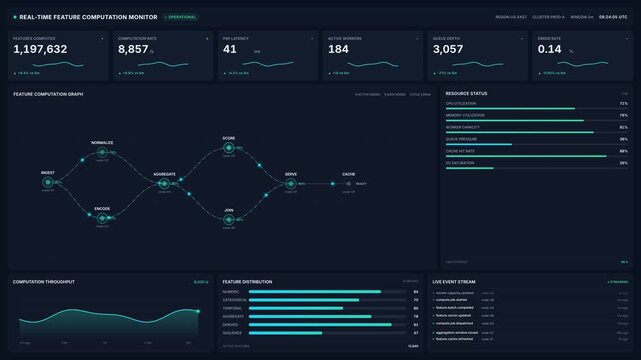 Real-time feature computation monitor dashboard for analytics graphs metrics, for big data processing, artificial intelligence operations, system performance, network analysis