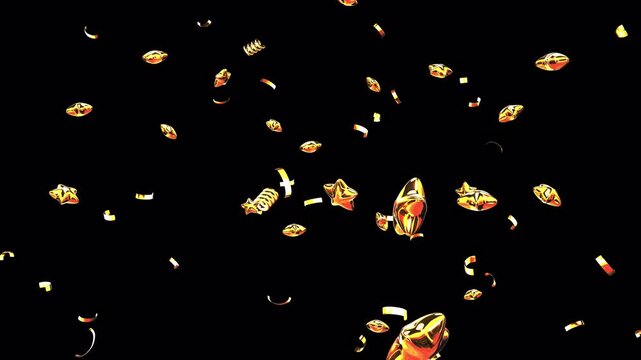 Golden Star and Ribbon Confetti Falling on Transparent Background. Motion looping animation