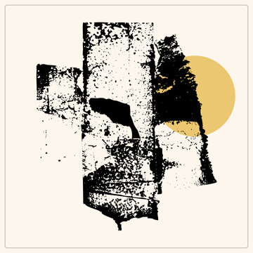 Weathered, ink stamp "Jesu" with heavy speckling and eroded edges. A flat ochre circle intersects the right side, contrasting organic decay with clean geometry. Stencil like graphic evoking urba
