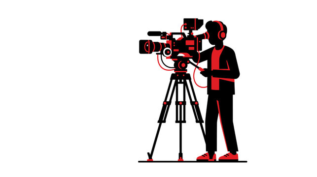 Professional videographer operating a cinema camera on a tripod flat vector illustration