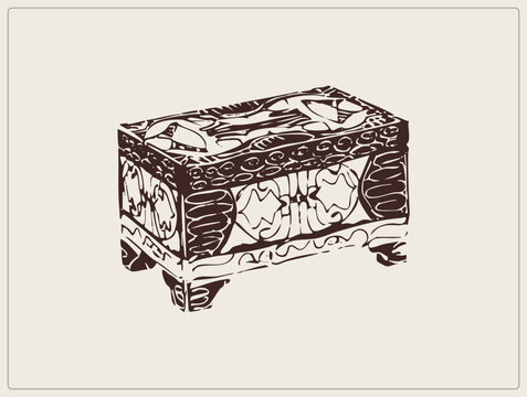 Traditional carved wooden stool in high contrast. Box seat with swirling motifs and curved *banc* supports. Heavy ink highlight wood relief, creating a rustic, artisanal aesthetic for