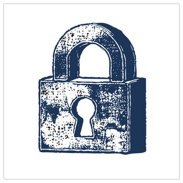 Navy blue grunge padlock with open shackle and keyhole. Vintage bolt/hasp symbol, featuring heavy speckling and weathered texture for a raw aesthetic. Isolated design contrasts distressed surface with