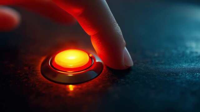 A finger presses a bright button in a dark space indicating a command or activation of a device at night