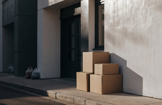 Stacked Cardboard Boxes Near Entrance Hinting At A Busy Transition In An Urban Environment.