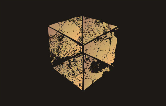 Isometric gold cube with distressed grunge texture, sharp angles, and stippled noise. Raw industrial aesthetic against black void. Flat graphic style.
