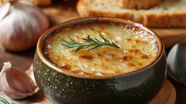 Cook garlic, onions, and broth to create a savory soup topped with melted cheese and fresh herbs in a rustic kitchen setting