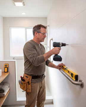 Contractor levels and mounts a grab bar beside a walk-in shower