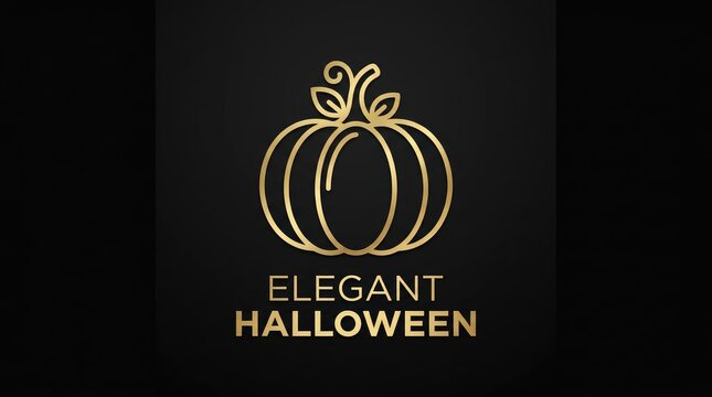 Elegant gold pumpkin illustration for sophisticated seasonal holiday design with rendered rich gold hue against deep black background accompanied text Elegant Halloween sleek