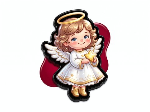 Cute cartoon angel holding a golden star with wings and halo